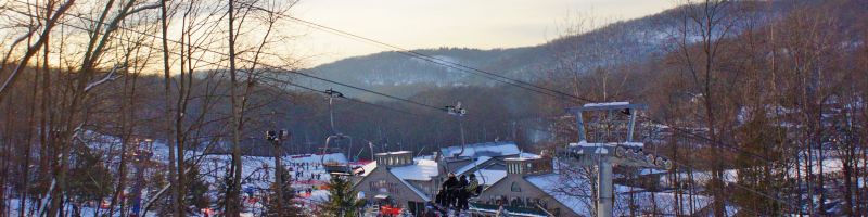 View from the Tomahawk Trail of the Tomahawk Express Quad and base lodge   Shawnee Mountain Ski Area2